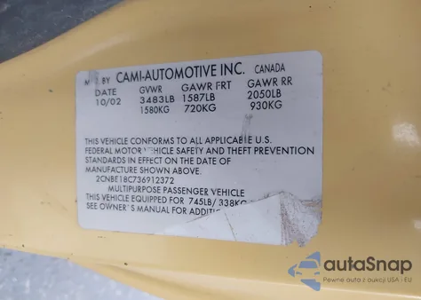 2003 Chevrolet Tracker z USA, uszkodzony, nr VIN 2CNBE18C736912372